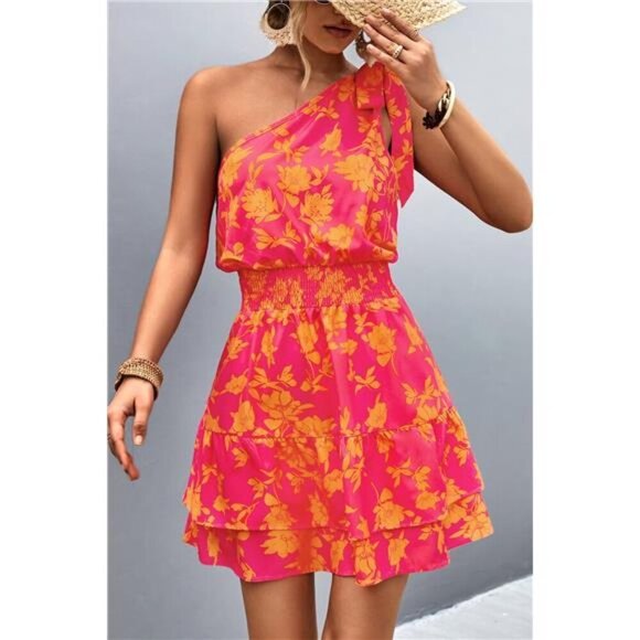 Tied Smocked Printed Single Shoulder Dress - Picture 4 of 6